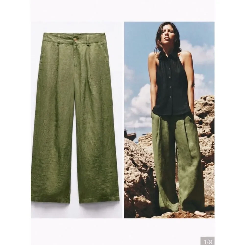 ZARA 100% LINEN WIDE-LEG PANTS GREEN
